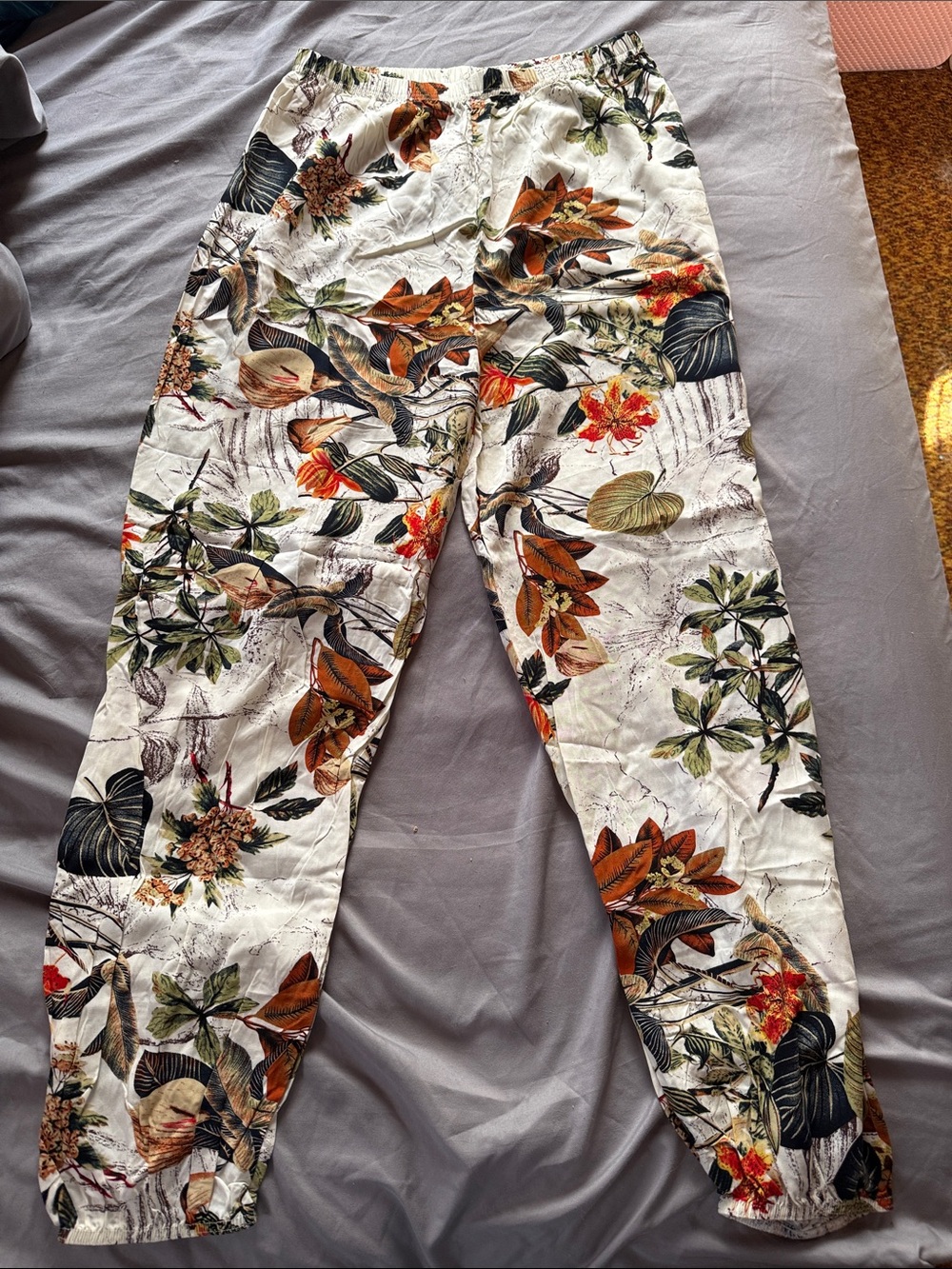 SHEIN White Floral Print Track Pants with Orange & Green Accents